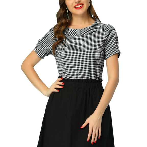 INSPIRE CHIC Women's 1950s Round Collar Short Sleeve Checked Tops XS Black