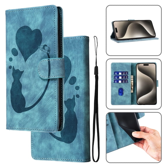 for iPhone 11 Phone Case Wallet Flip Cases,Cute Cat & Heart Patterned,Retro PU Leather Kickstand,Card Holder,Wrist Strap,Magnetic Closure,Shockproof Cover For iPhone 11, Blue