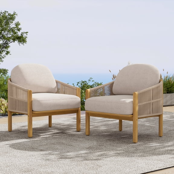 Olurrisa Outdoor Acacia Wood Club Chair Set of 2, Beige Rope Back & Armrest with Beige Cushion, Teak Finish Patio Chairs