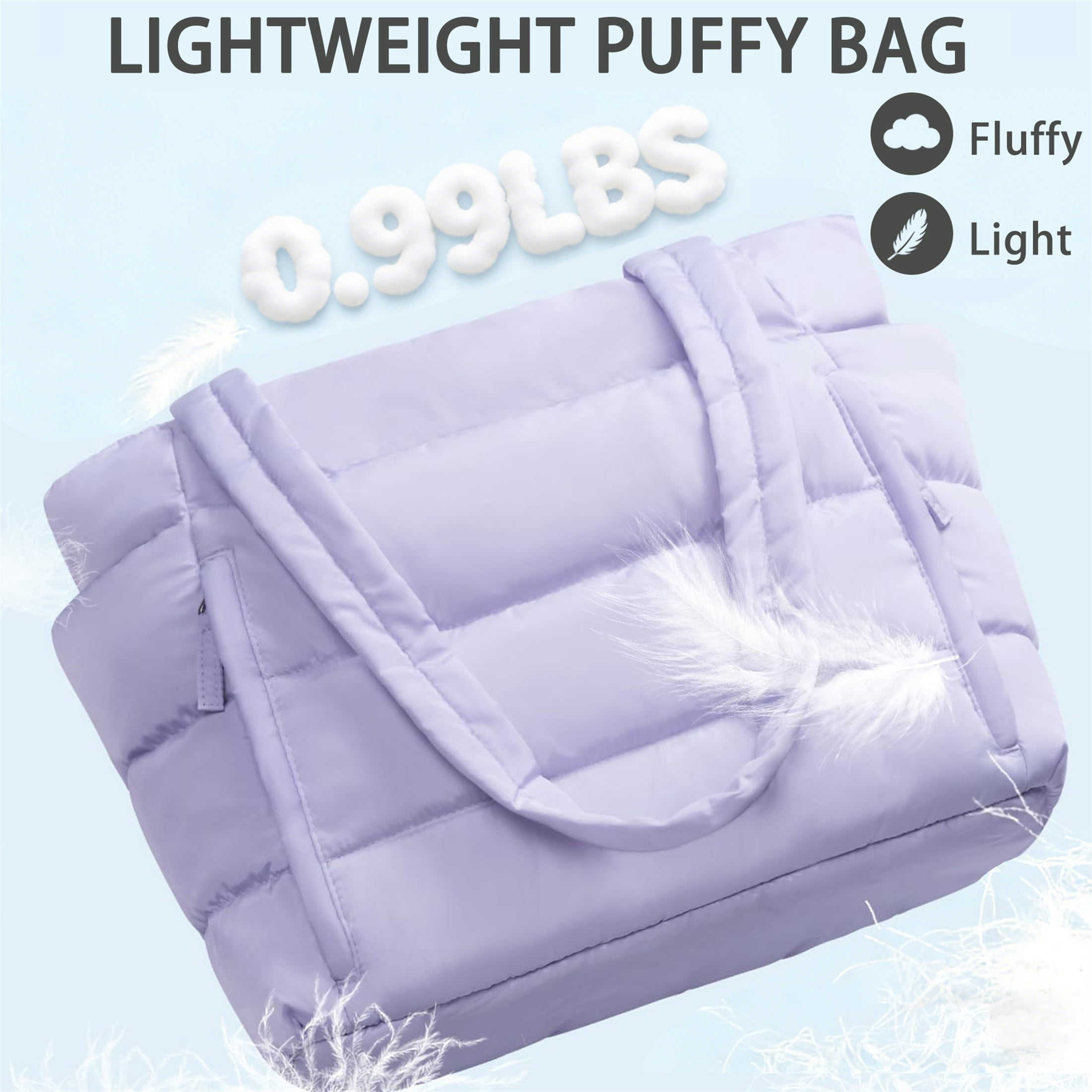 Puffer Tote Bag for Women, Large Capacity Lightweight Quilted Shoulder Bag, Waterproof Handbag for Work, Travel, Gym, Purple