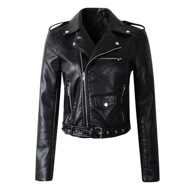 WEIYLL Womens Fleece Jacket The Belt Leather Cool Zipper Decoration Racing Style Biker Black Winter Clothes Size L