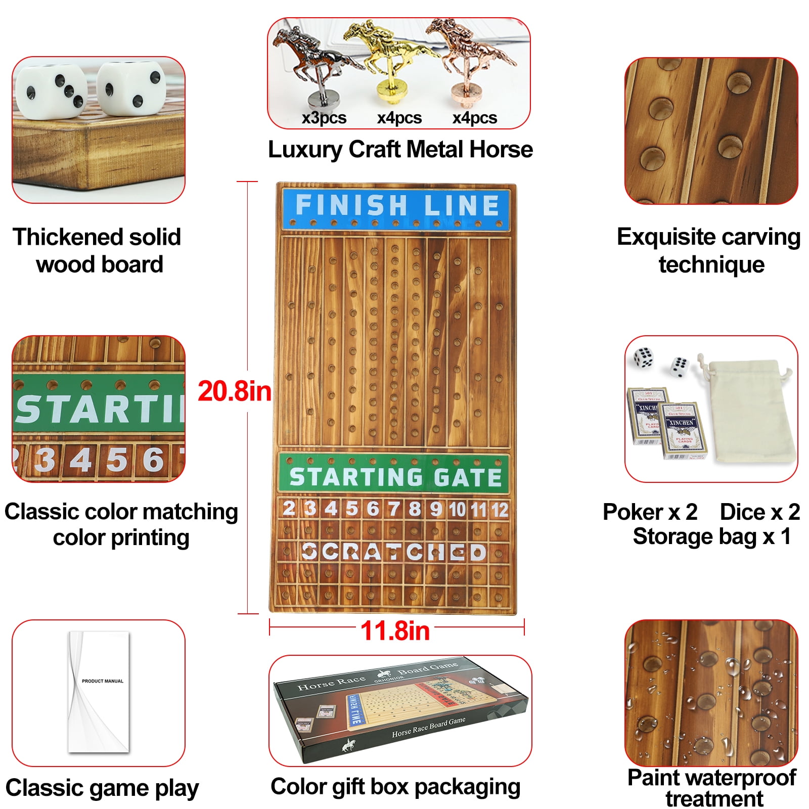 Horse Race Board Game Racing Game Thickened Pine with 11 Luxurious Durable Classic Metal Horses with 4 dice and 2 Boxes of Cards Across Finish Line Horse Racing Game