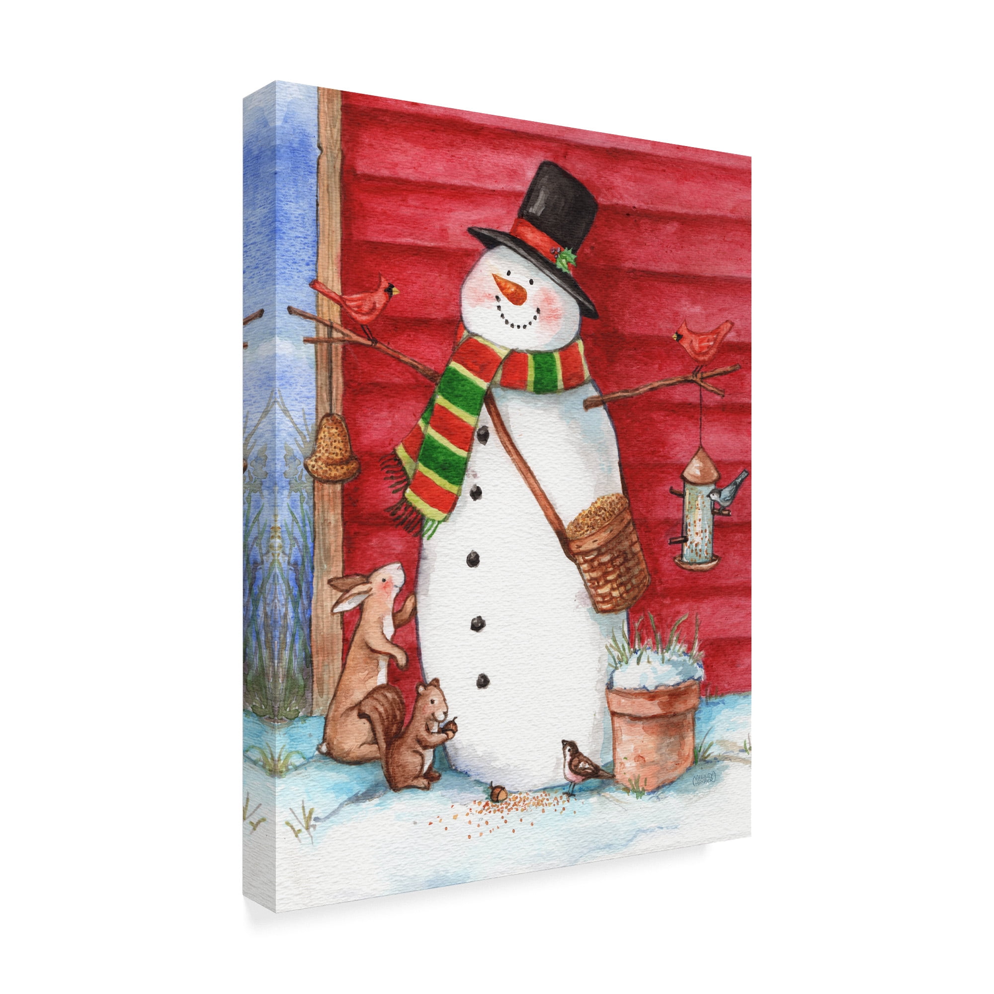 Trademark Fine Art 'Red Barn Snowman With Friends' Canvas Art by Melinda Hipsher