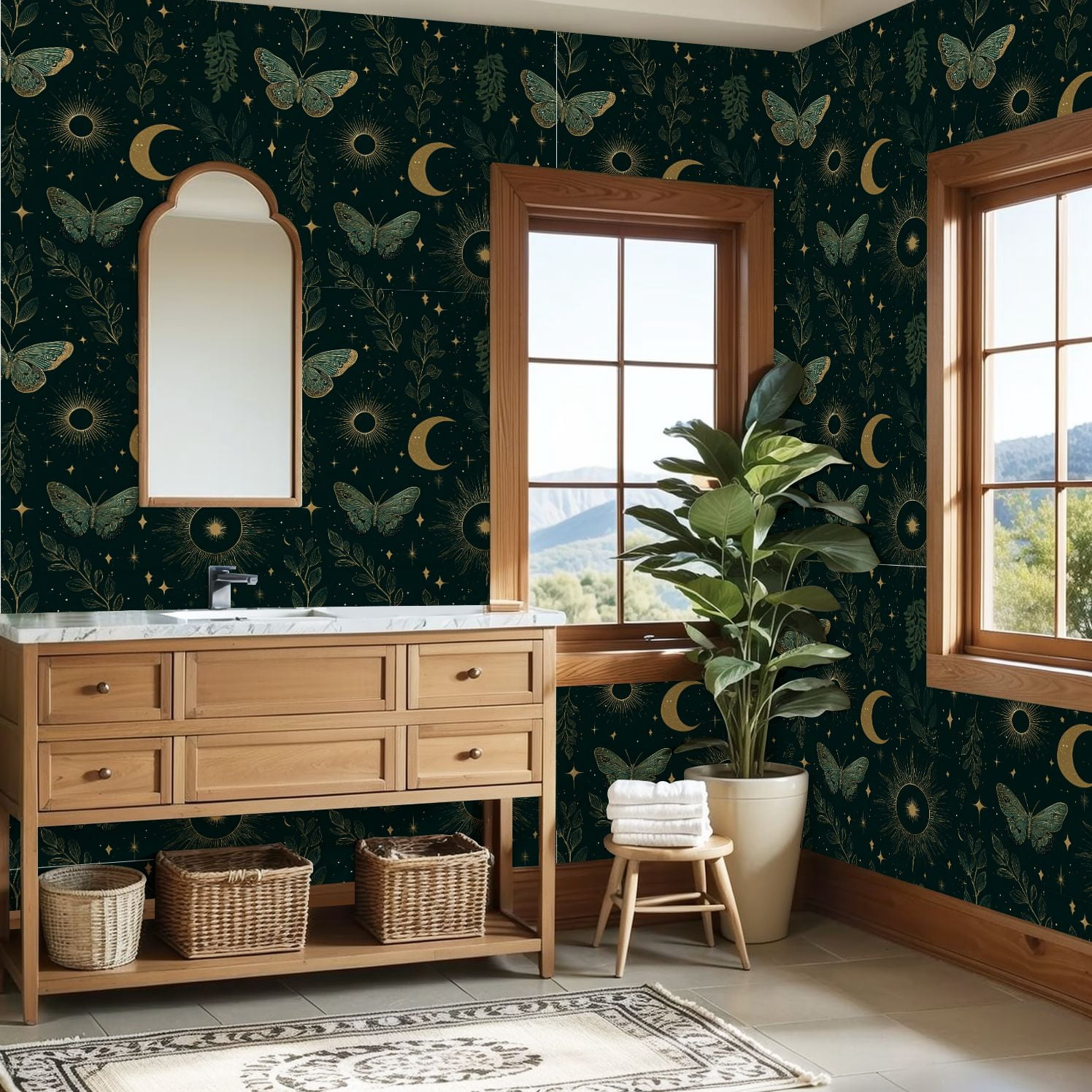 Peel and Stick Wallpaper 23.6in x 9.8ft Butterflies Floral Moon Phases Gold Accents Contact Paper Vinyl Waterproof Self Adhesive Wall Paper for Bedroom Shelf Cabinet Renter Friendly