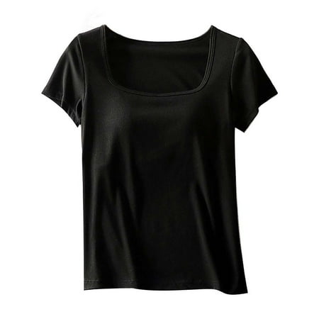 JUUYY Women s Slim Fit Short Sleeve Tshirt 2 in 1 Built-in Bra Ladies Padded Shirt Top Casual Summer Tops Black#1 XL