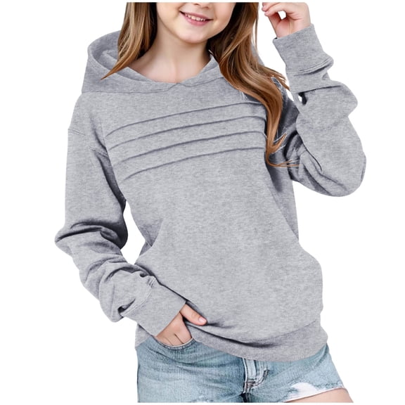 Ecqkame Girls Crewneck Sweatshirts Casual Long Sleeve Textured Pleated Front Sweatshirt Lightweight Comfortable Pullover Tops 2-14 Years Gray 9 Year