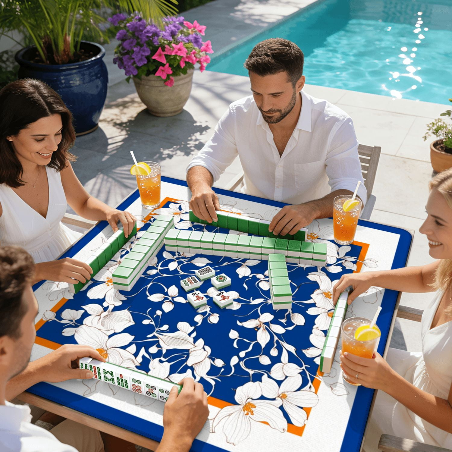 Mahjong Mat 31.5" x 31.5" White Floral Orange Accents Deep Blue Elegant Line Art Design Non-Slip Noise Reduction American Mahjong Tiles Table Cover for Dominoes Poker Card Board Games Gift