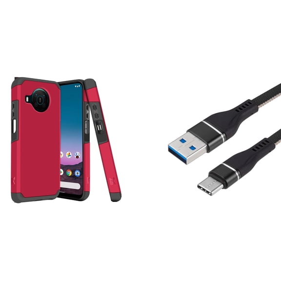 Bemz Nokia X100 Bundle: Slim Dual Layer Shockproof Protector Case (Magenta Pink), Nylon Braided USB-C to USB-A Cable (3 Feet)
