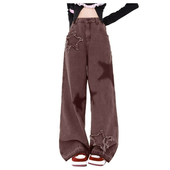 Luwomo Jeans for Womens Fashion Loose Fit Wide Leg Long High Waist Stars Embroidered Trousers Denim Pants Light Pink,L