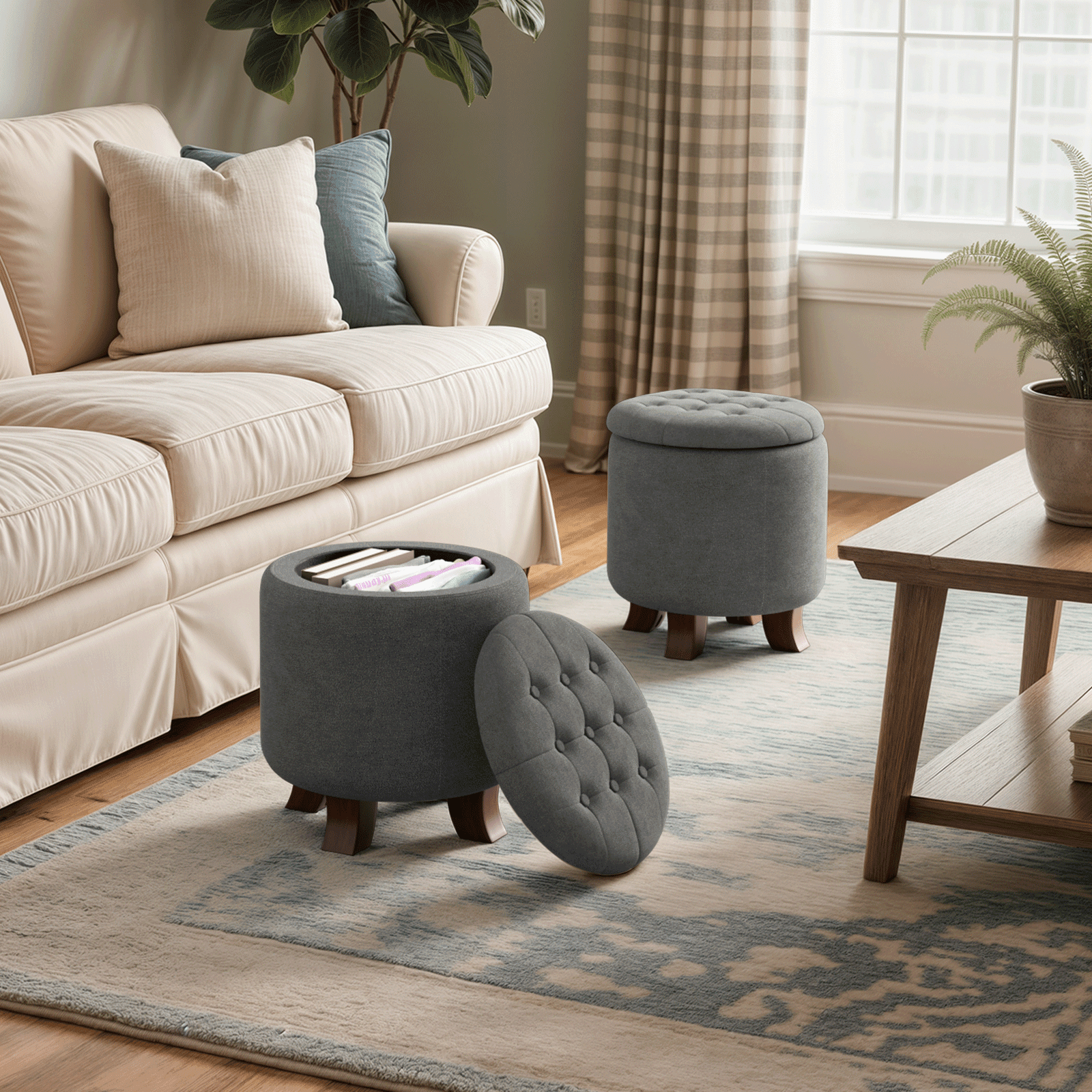 Magshion Storage Ottoman with Padded Seat, Modern Cotton-linen Footrest, Round Seat stool for Living Room Bedroom , Dark Gray