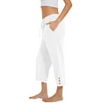 thumbnail image 5 of Capri Pants for Women Spring Summer Cotton Linen Straight Wide Leg Loose Drawstring Elastic Waist Cropped Trouser White 2XL, 5 of 7