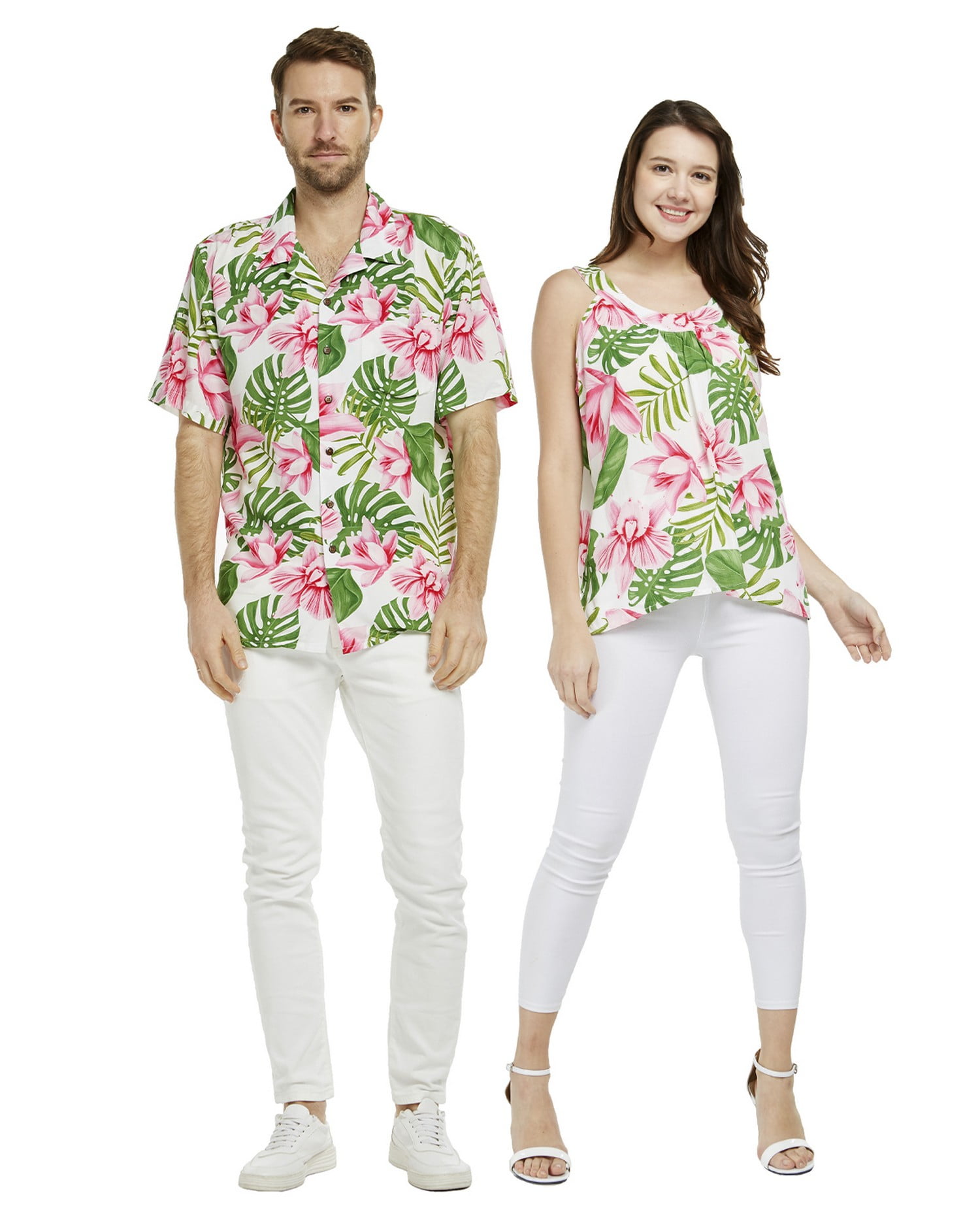 Couple Matching Hawaiian Luau Outfit Aloha Shirt And Tank Top In Wispy