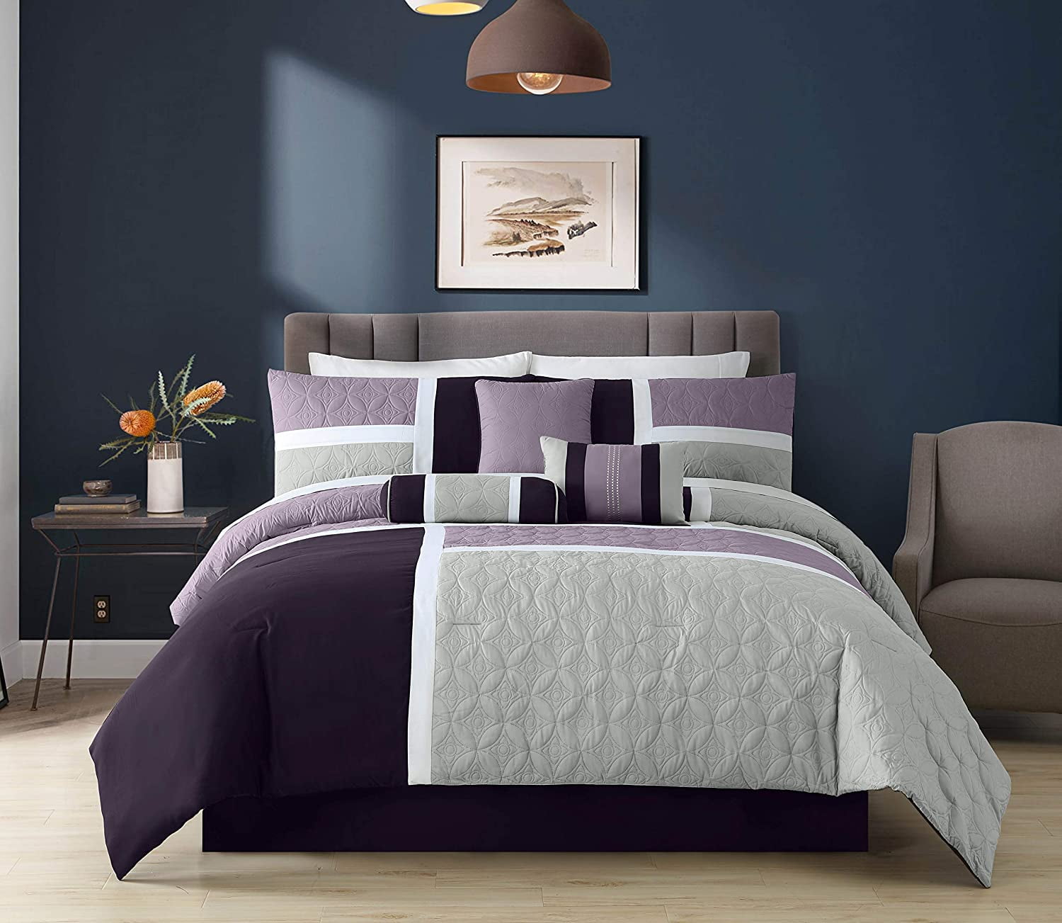 Chezmoi Collection Lex 7-Piece Solid Purple Hotel Dobby Stripe Comforter Set 
