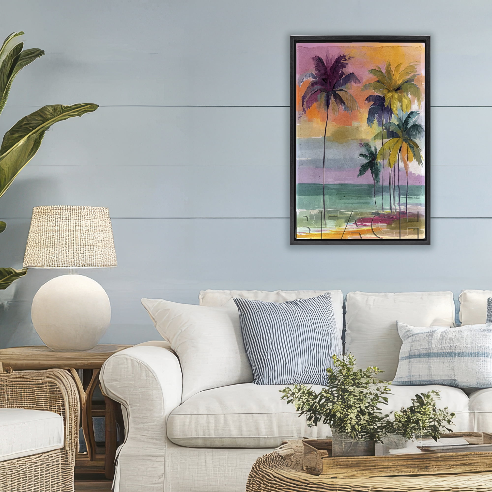 Stupell Industries Crayon Beach at Sunset Black Framed Floater Canvas Wall Art, design by Annabelle Hall