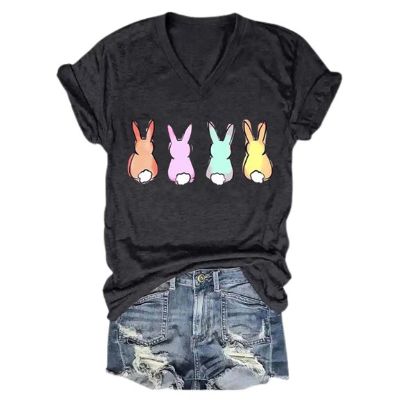 Shirts for Women Pastel Bunnies Print V Neck T Shirt Soft Stretch Polyester Spandex Casual Short Sleeve Easter Top L Size Spring Summer Womens Tops