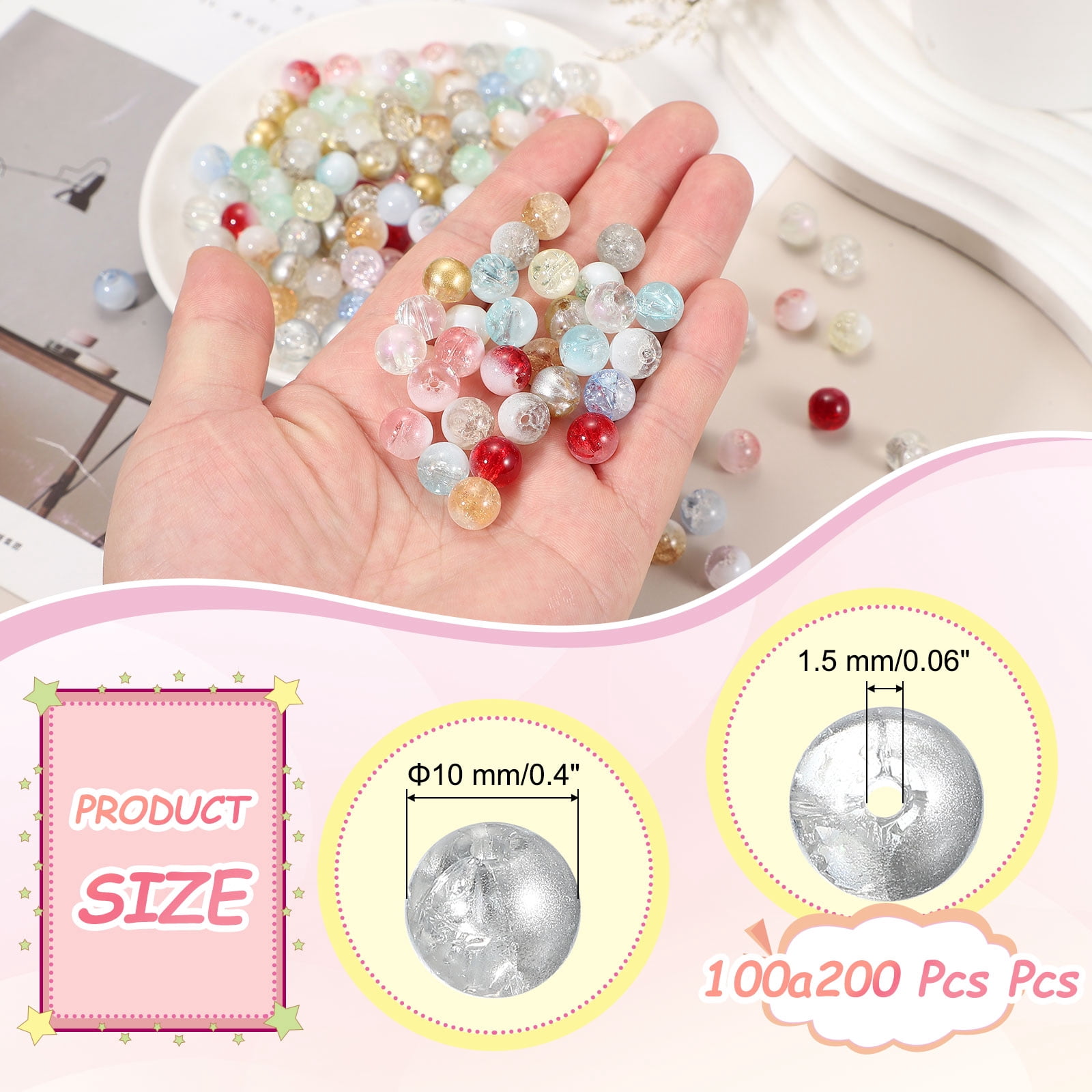 Uxcell 200 Pcs 10mm Crackle Glass Beads for Jewelry Making, Crystal Glass Round Spacer Beads Bulk Loose Beads for DIY Craft Earring Necklace Bracelet Jewelry, Silver