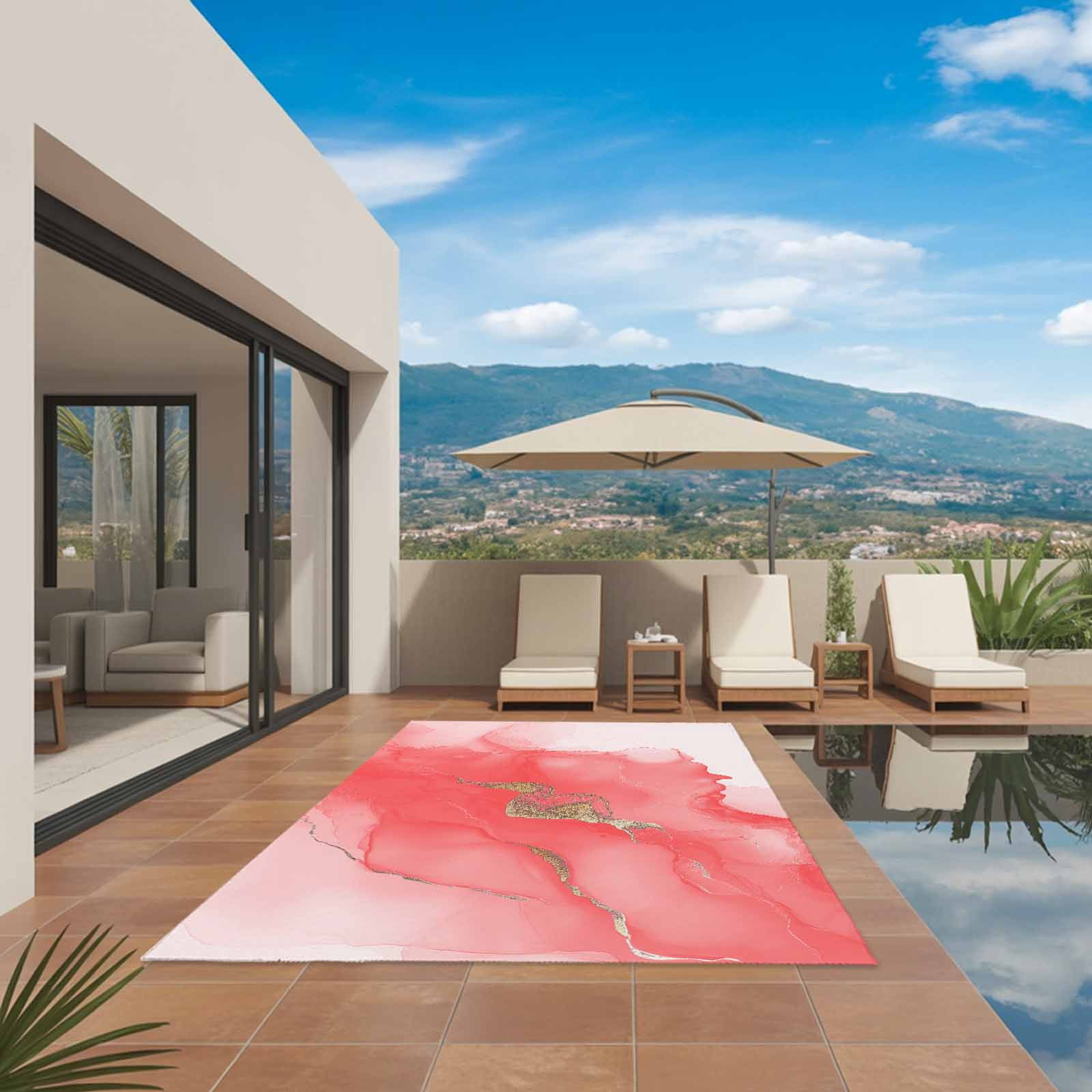 Outdoor Rug 3x5ft Abstract Ombre Pink Marble Large Area Rug White Modern Art Indoor Outdoor Carpet Outdoor Rugs Mats for Patio Camping,RV,Front Door, Outside Decor