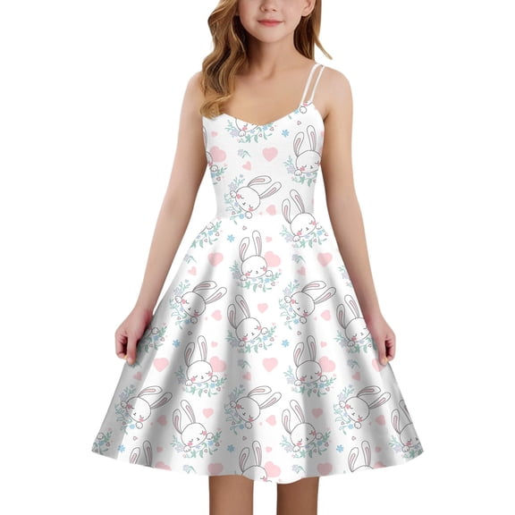 LRen Easter Dress for Girls Spaghetti Strap Sleeveless Square Neck Easter Egg Bunny Print Dress for Kids Girl Casual A Line Summer Dress