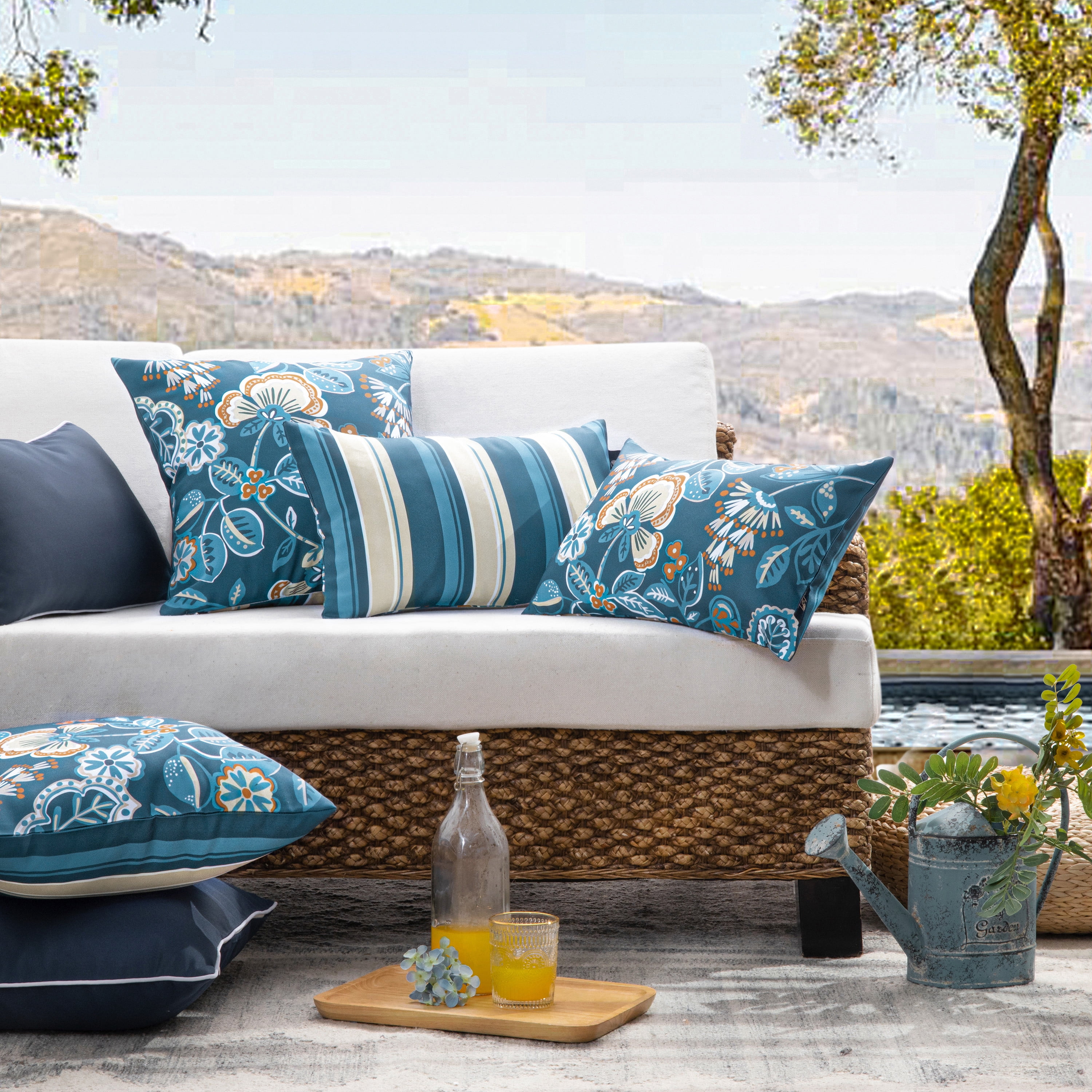Outdoor Floral Printed Decorative Waterproof Throw Pillow for Patio Garden, Dark Blue 20x20 Inch, Pack of 2