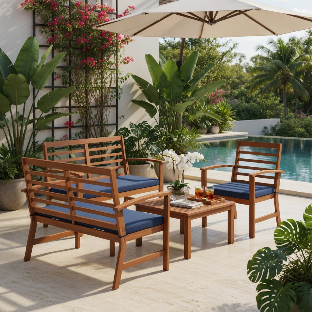 Hommoo 4-Piece Outdoor Patio Furniture Set, Acacia Wood Loveseat, 2 Chairs & Coffee Table with Cushions, Weather-Resistant Backyard Seating, Navy