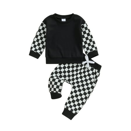 

Baby Boy Waffle Outfit Checkerboard Sweatshirt Elastic Waist Pants