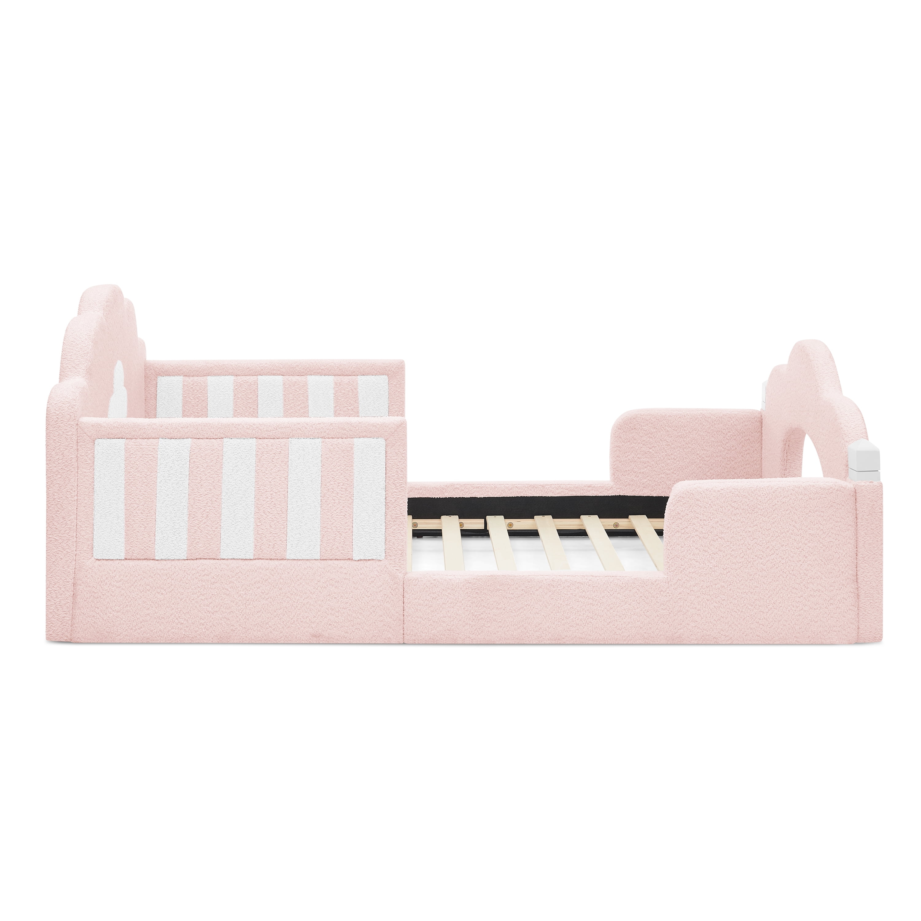 Wakefit Twin Size Kids Cloud Bed with Safety Guardrails,Boucle Upholstered Platform Bed Frame with Wood Slats,Cute Daybed for Girls Boys Bedroom,Pink