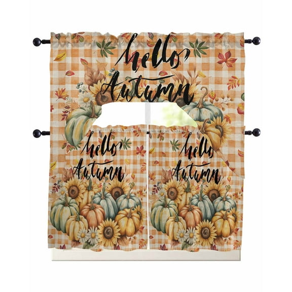Brown Thanksgiving Pumpkin Kitchen Curtains Sets 36 Inch Length with Valance, Fall Sunflowers Maple Retro Plaid Swag Valances and Tiers Curtain Set Drapes Swag Curtains for Living Room, Bathroom