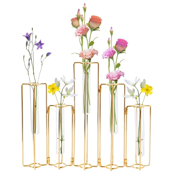 Gold Metal Propagation Vases for Plants, Five-Linked Glass Test Tube Planter, Bendable Frame, Small Decorative Hydroponic Home Decor