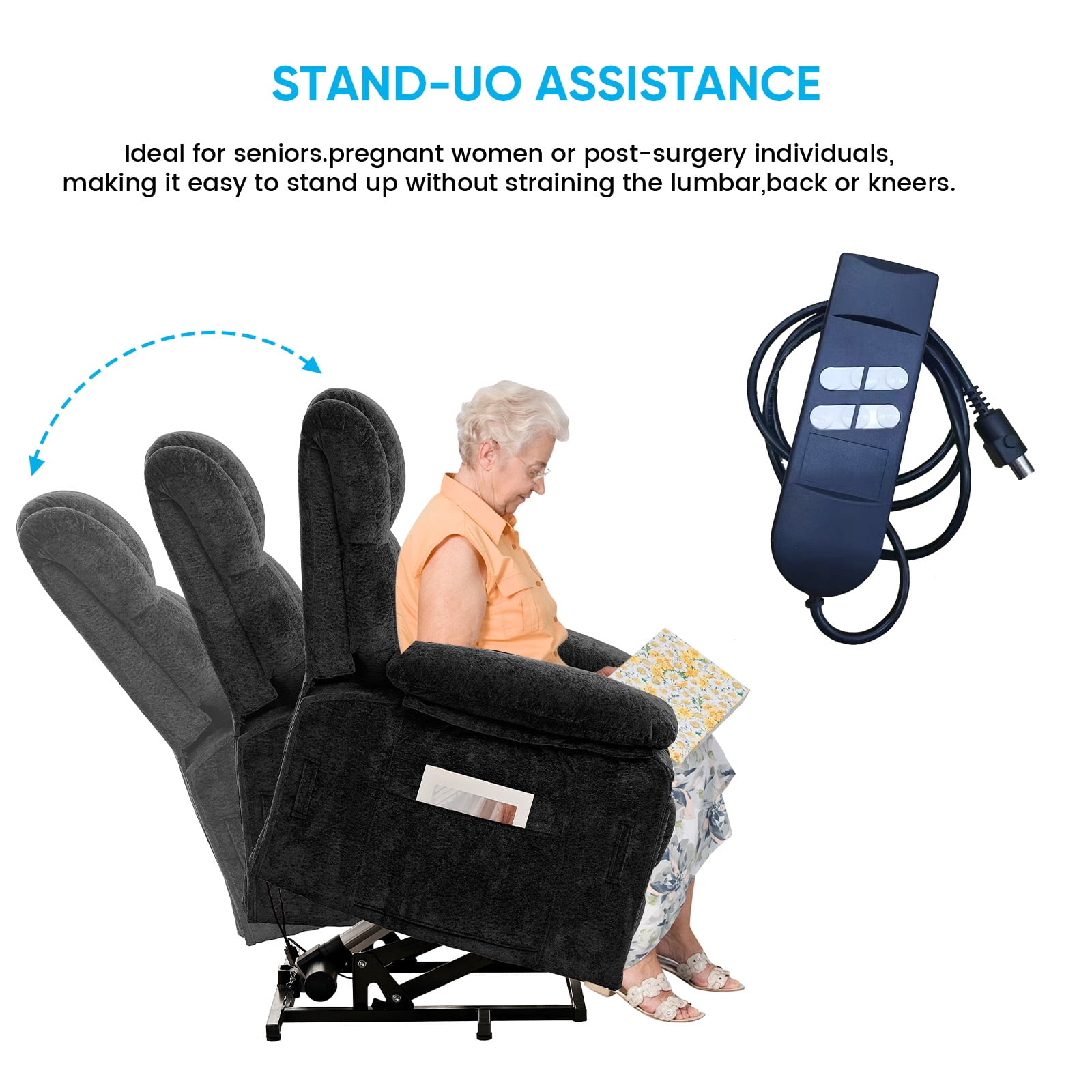 BALUS Oversized Power Lift Recliner with Dual Motor for Elderly, Velvet Arm Chair with Heat and Massage for Living Room, Black