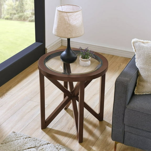 Modern minimalist circular glass coffee table | Tempered glass | Solid wood base | Dedicated for living room/balcony/study