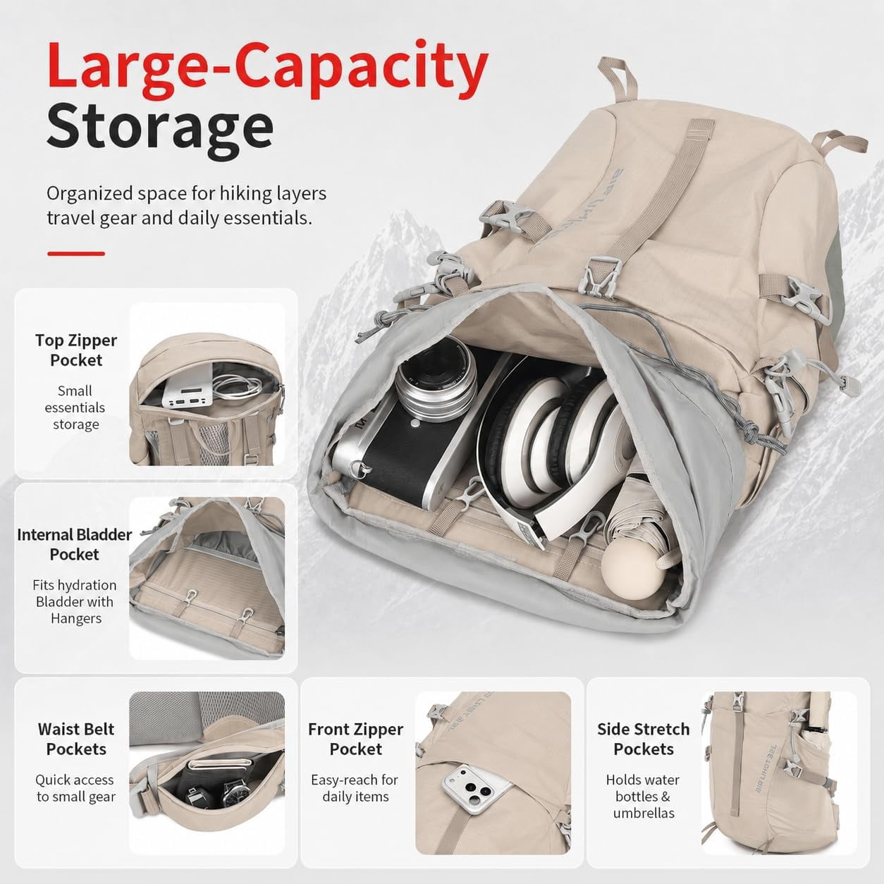 JIDIZHE 32L Hiking Backpack with Internal Frame and Rain Cover, Lightweight Pack Equipped with Adjustable Chest Strap, Breathable Unisex Daypack for Hiking, Camping and Travel，Gray