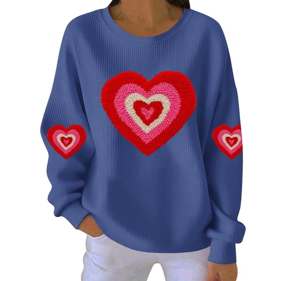 Valentines Sweatshirt Womens Cute Love Heart Graphic Print Pullover Casual O Neck Long Sleeve Holiday Tops Blue XXL