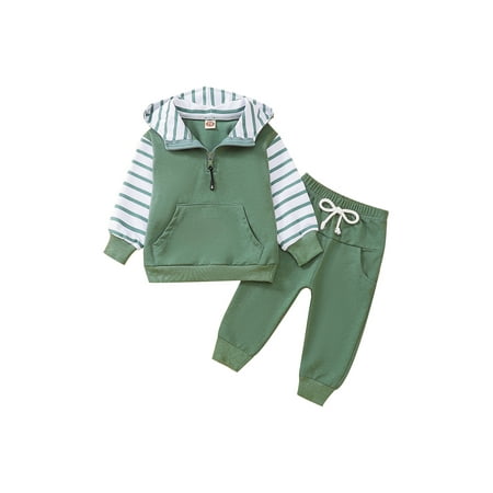 

Infant Newborn Baby Boys Pants 2Pcs Set Long Sleeve Hooded Striped Hoodie with Elastic Waist Sweatpants Fall Outfit 0-3T