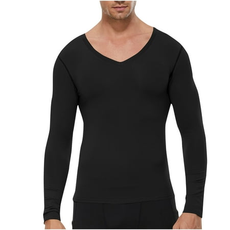 SSAAVKUY Deals Men s Athletic Compression Shirt - V Neck Long Sleeve Workout Running Base Layer Tops Cool Dry T-Shirt Gym Undershirts Black L