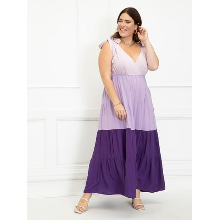 ELOQUII Elements Women's Plus Size Coloblocked Tiered Maxi Dress