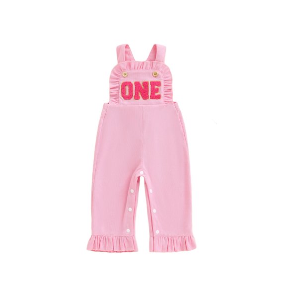 RUINIXCW Toddler Baby Girl First Birthday Outfit Pink Overalls Romper Spring Summer Fall Clothes Letter Embroidery Ruffled Suspender Pants Jumpsuit