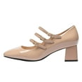 thumbnail image 2 of YDN Women Lovely Triple Straps Buckle Mary Janes Mid Chunky Heel Slip On Pumps Daily Wear Party Shoes Size 6 Nude, 2 of 4