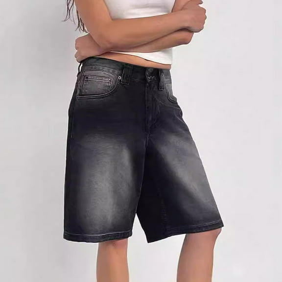 BLOCLOALO Baggy Shorts Bermuda Shorts Loose and Non Elastic Retro Denim Mid Length Pants for Women Five Quarter Length Pants Loose Shorts Lounge Shorts Denim Shorts Black L