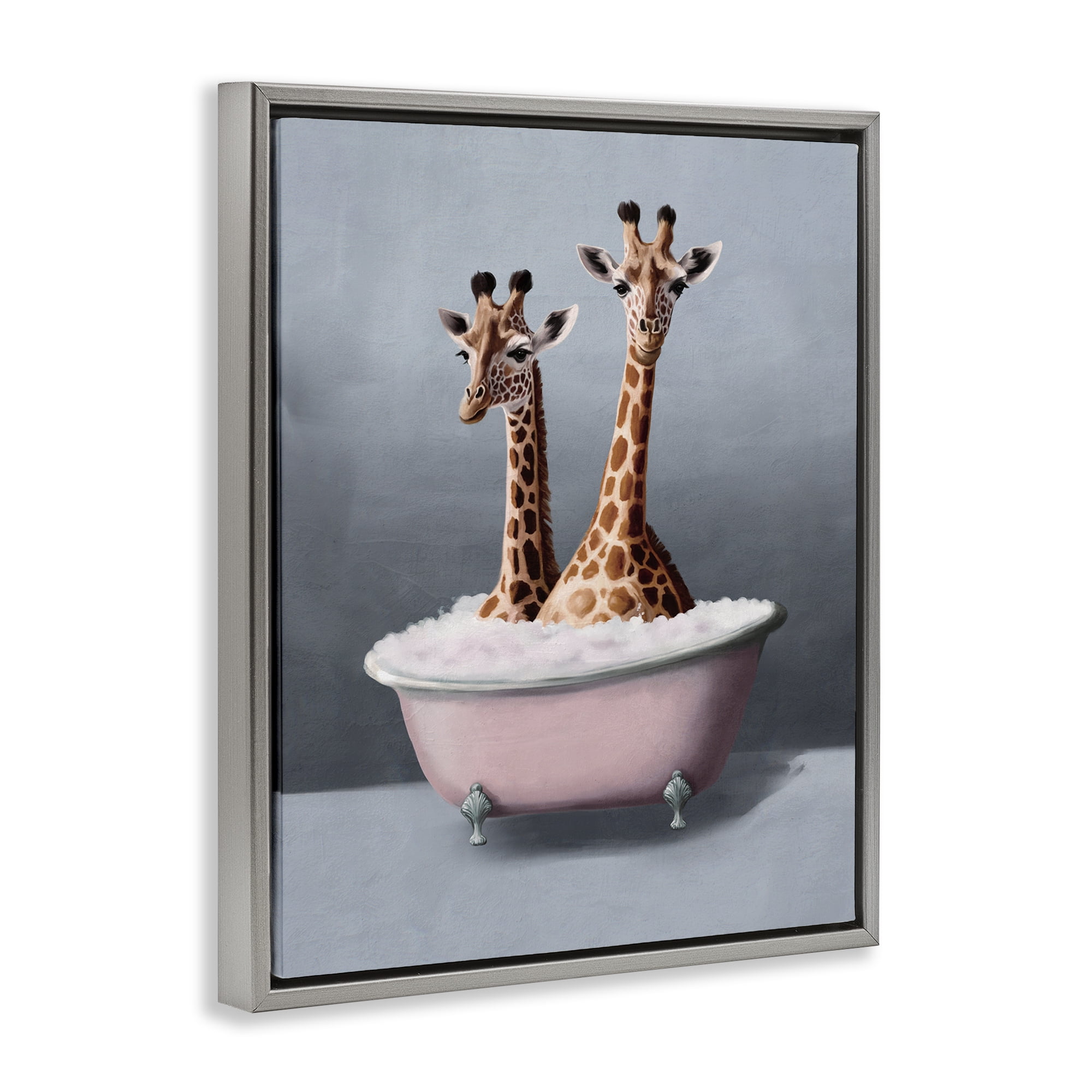 Stupell Industries Giraffe Pair in Tub Bath & Laundry Painting Gray Floater Framed Canvas Art Print Wall Art, 25 x 31