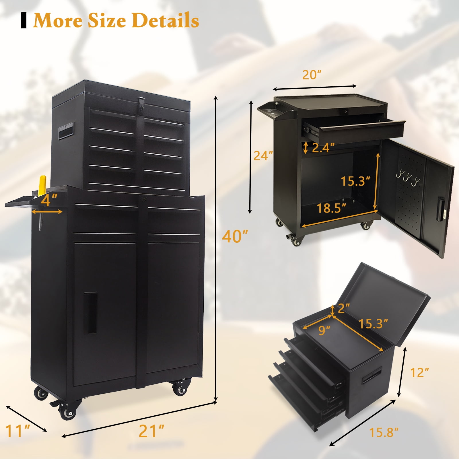 Tool Chest, 5 Drawers Rolling Tool Cabinet with Detachable Top Toolbox, Universal Lockable Wheels, Lock Bar, Protective Liner & Tool Rack, Metal Tool Storage Cart, Tool Box for Garage Workshop