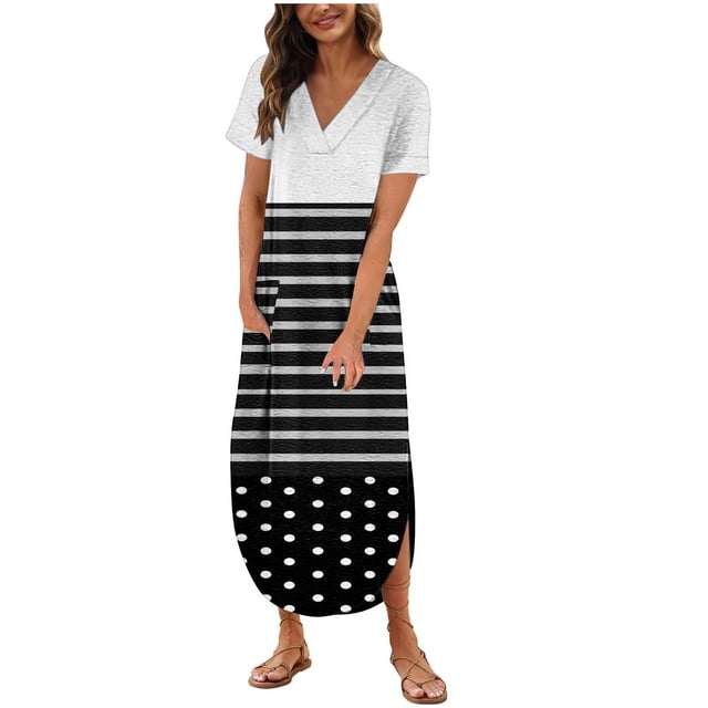 Vestido de Manga Corta para las Mujeres, Vestido Casual de Cuello en V de Bolsillo de Impresión de Moda Sexy Hecho de Poliéster Ligero para el Verano, Vestido de Verano para las Mujeres
