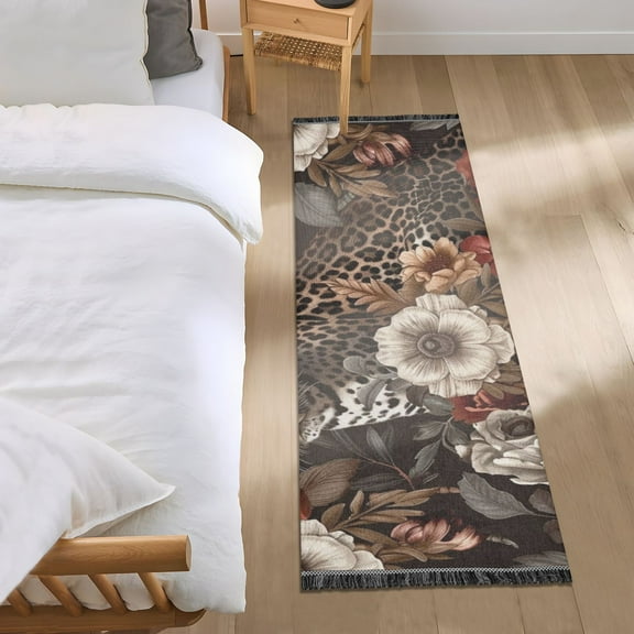 Luxury Leopard with Flowers Runner Area Rug 2x6 Soft Non-Slip Washable Bedside Carpet for Hallway Bedroom Living Room Home Decor