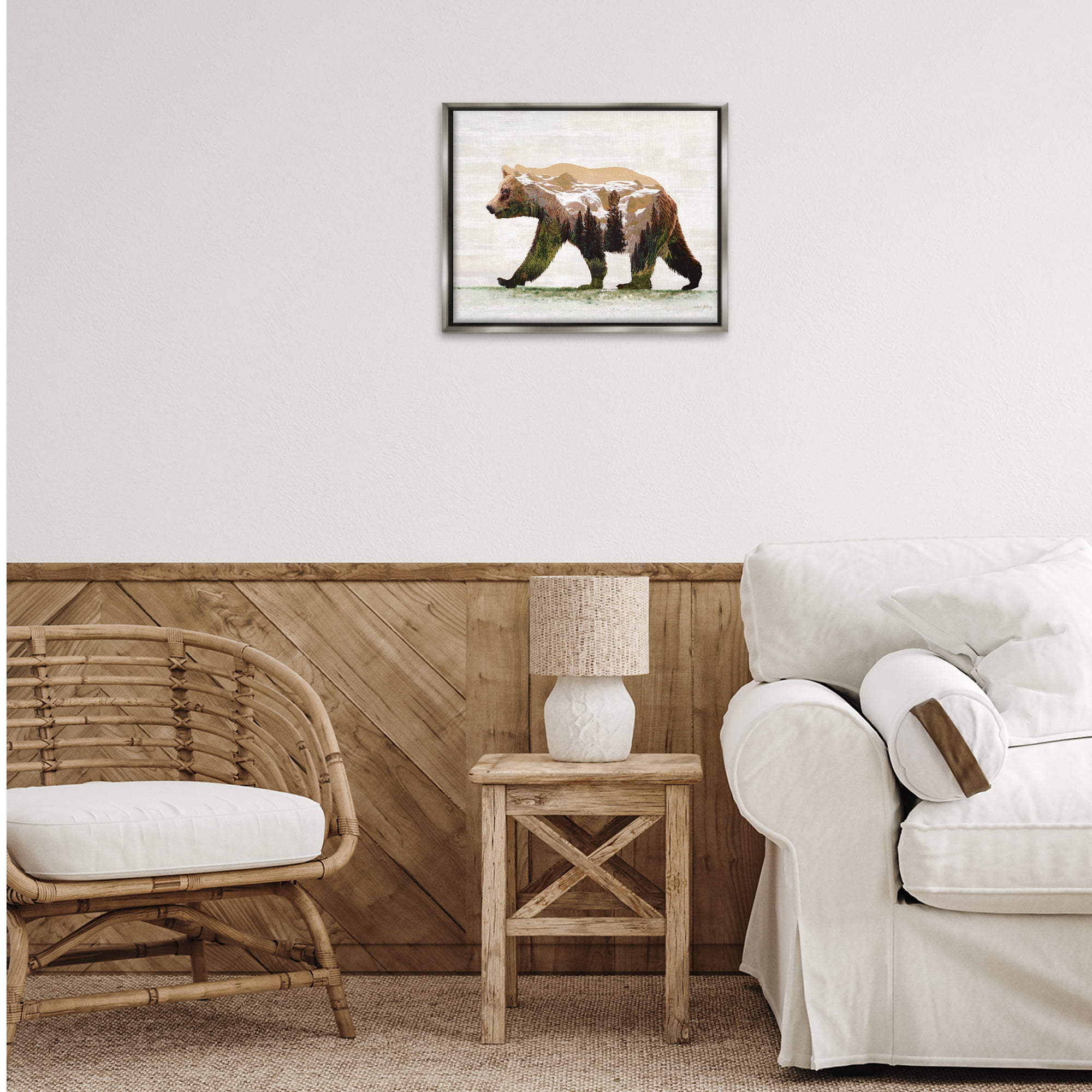 Stupell Industries Woodland Pattern Bear Animals & Insects Painting Gray Floater Framed Art Print Wall Art, 21 x 17