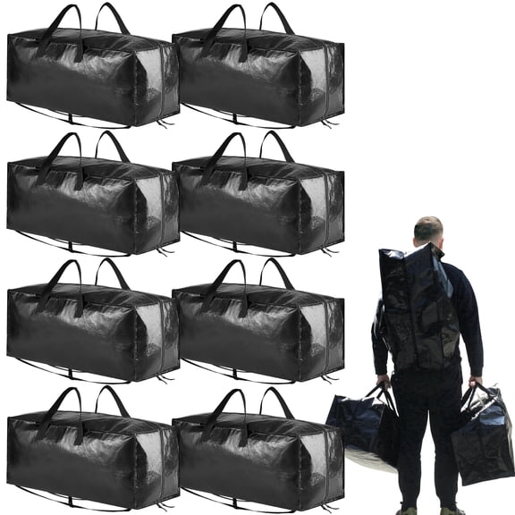 Tooloton Heavy Duty Moving Bags, Extra Large Storage Totes with Backpack Straps, Strong Handles & Zippers, 8 Pack, Black
