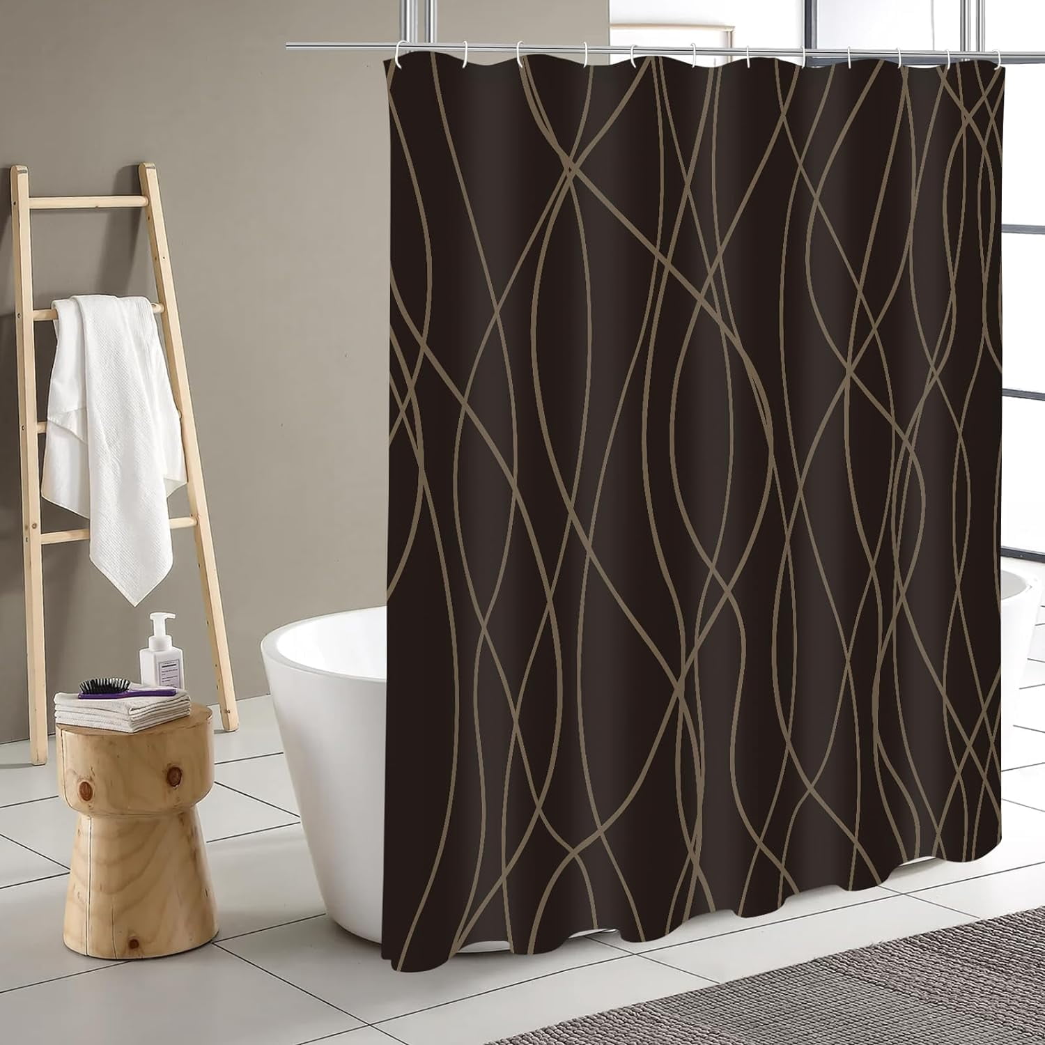 Abstract Striped Shower Curtain, Modern Minimalist Waterproof Fabric Shower Curtain Set with Hooks 72" x 72" - Brown