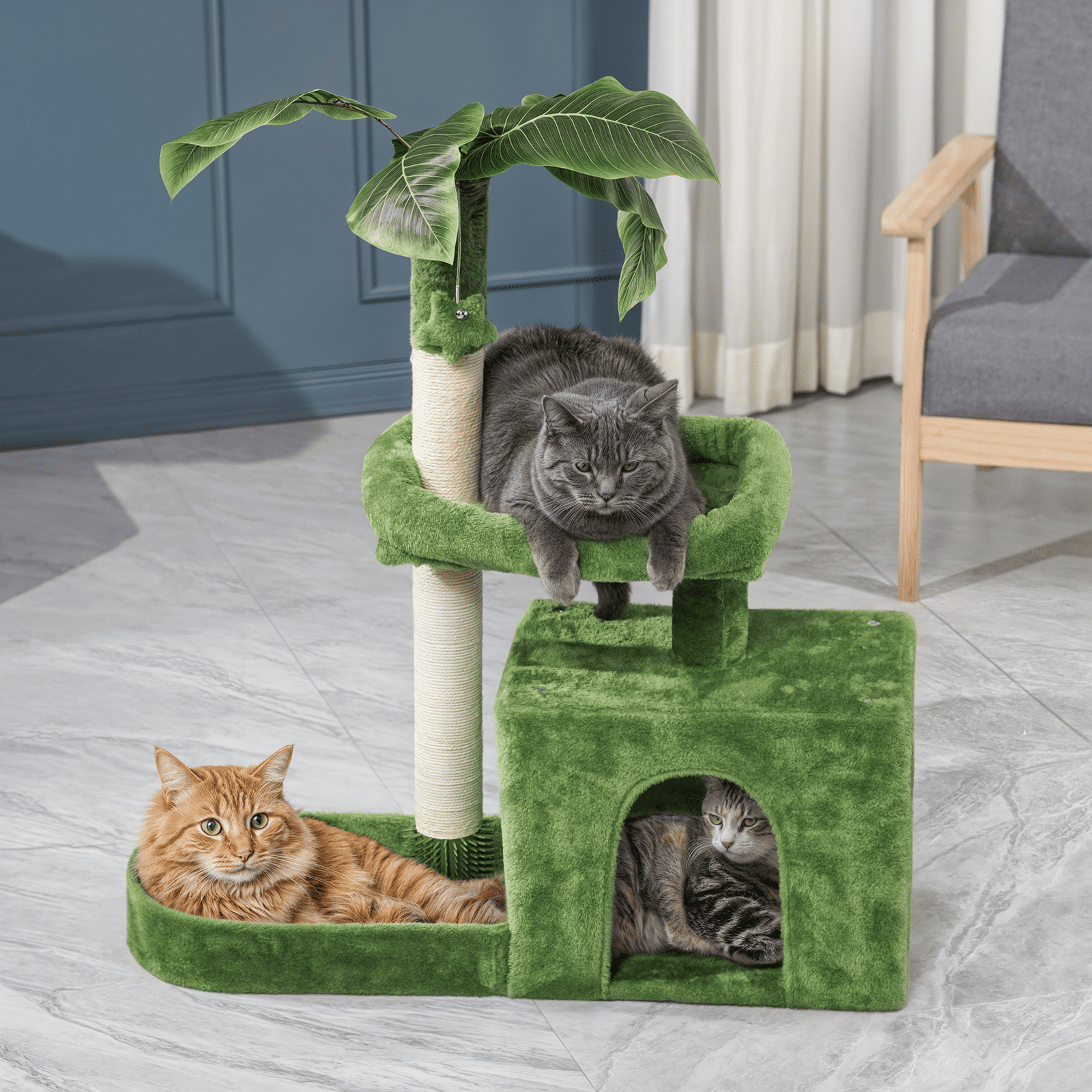 MoNiBloom Cat Tree with Green Leaves, 32 Inches Cat Tower with Scratching Posts, Cat House w/Cozy Condo, Perch and Fluffy Ball for Indoor Cats