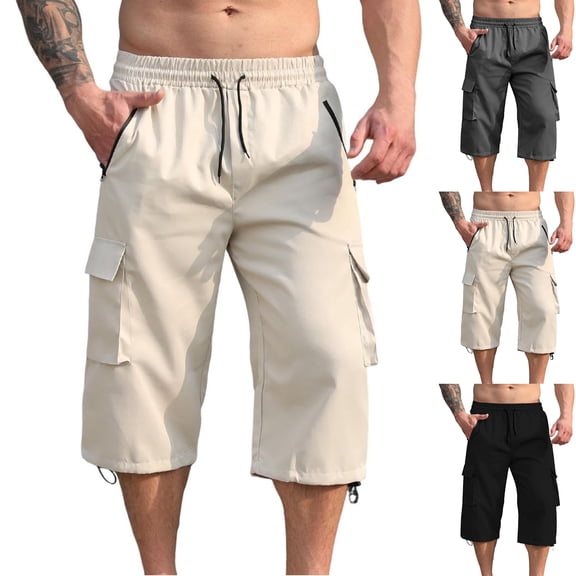 Long Cargo Shorts for Men Relaxed Fit Drawstring Elastic Waist 3/4 Long Shorts Below Knee Workout Hiking Summer Lightweight Capri Cargo Pants with Pockets Khaki S