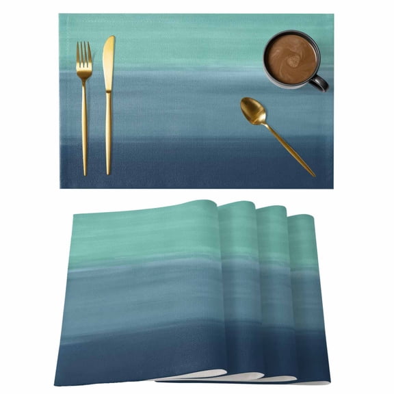 Placemats Set of 8, Teal Blue Ombre Woven Placemat, Linen Place Mats for Kitchen/Dining Tables, Modern Abstract Art Texture Washable Table Mats for Party