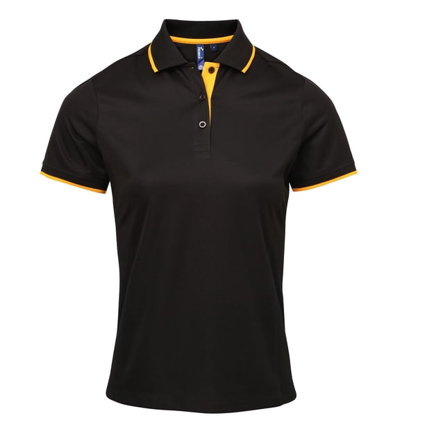 Premier - Polo Coolchecker en contraste de colores para mujer (Negro/Amarillo)