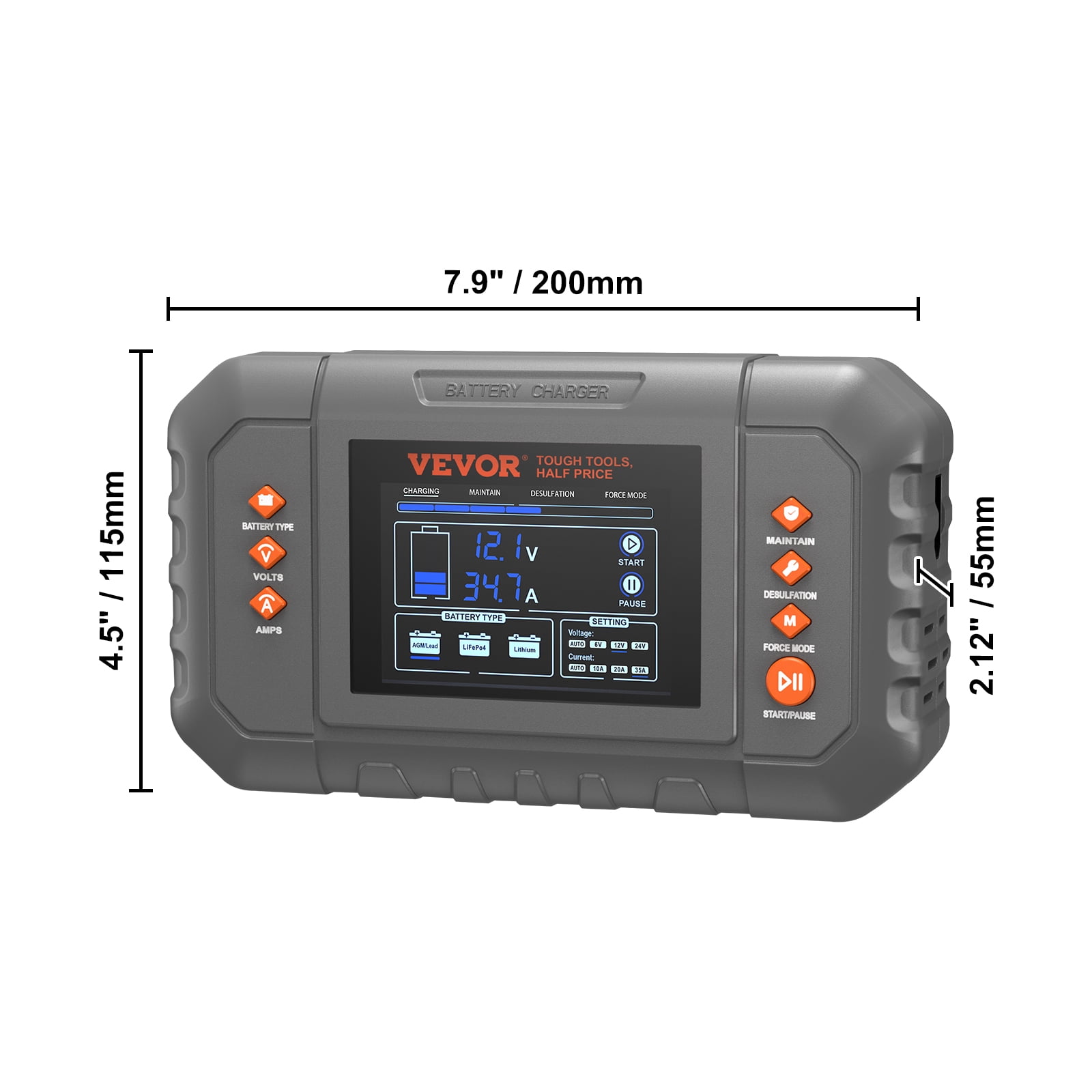 VEVOR Smart Battery Charger, 35-Amp, Lithium LiFePO4 Lead-Acid (AGM / Gel / SLA) Car Battery Charger with LCD Display, Trickle Charger Maintainer Desulfator for Boat Motorcycle Lawn Mower Deep Cycle